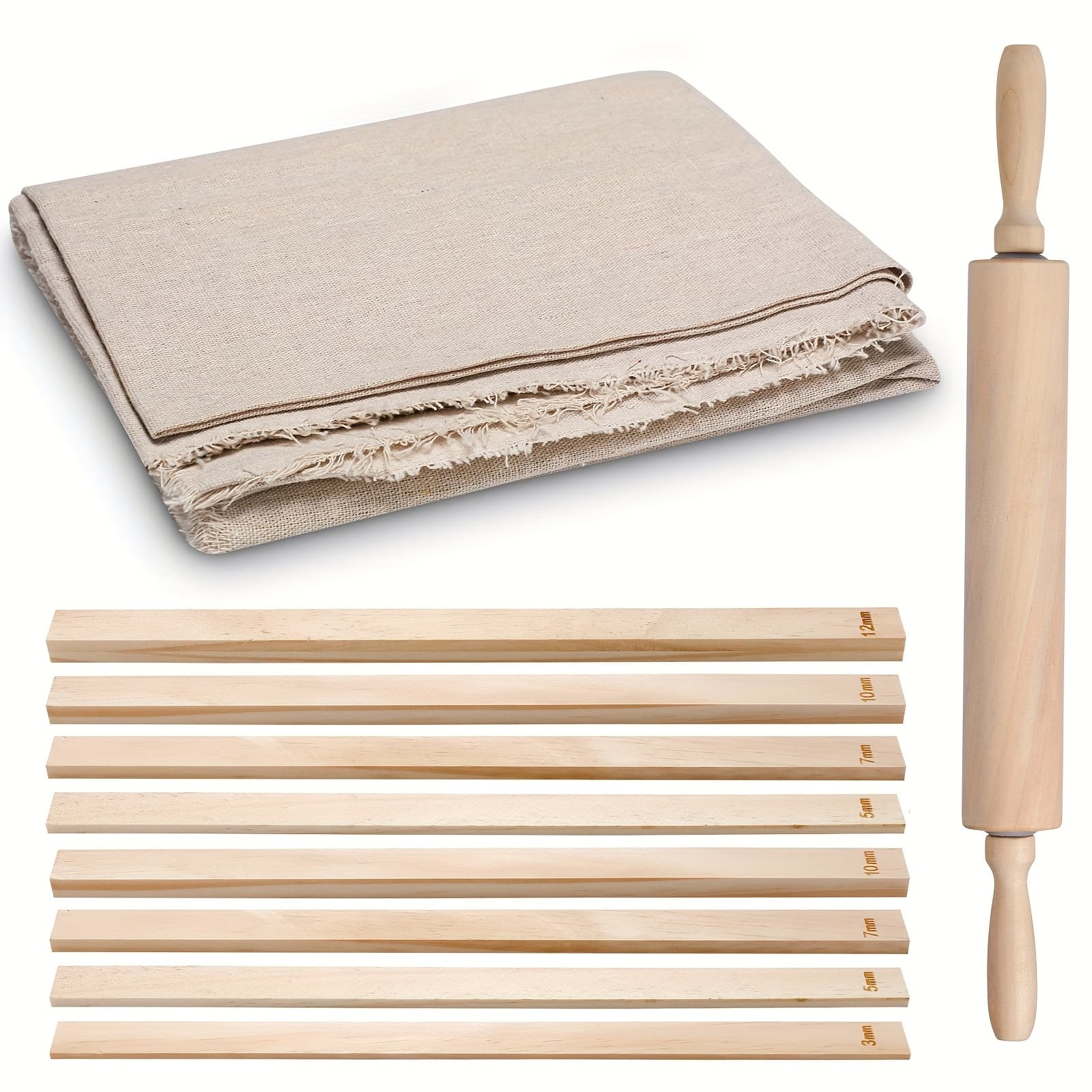 TEMU 12pcs Pottery Tools 1 Wood Rolling Pin Sculpting Polymer Clay Tools 1 Portable Pottery Wedging Board/linen Tablecloth And 10pcs 5 Size Teaching Rolling Guide (tablecloth)