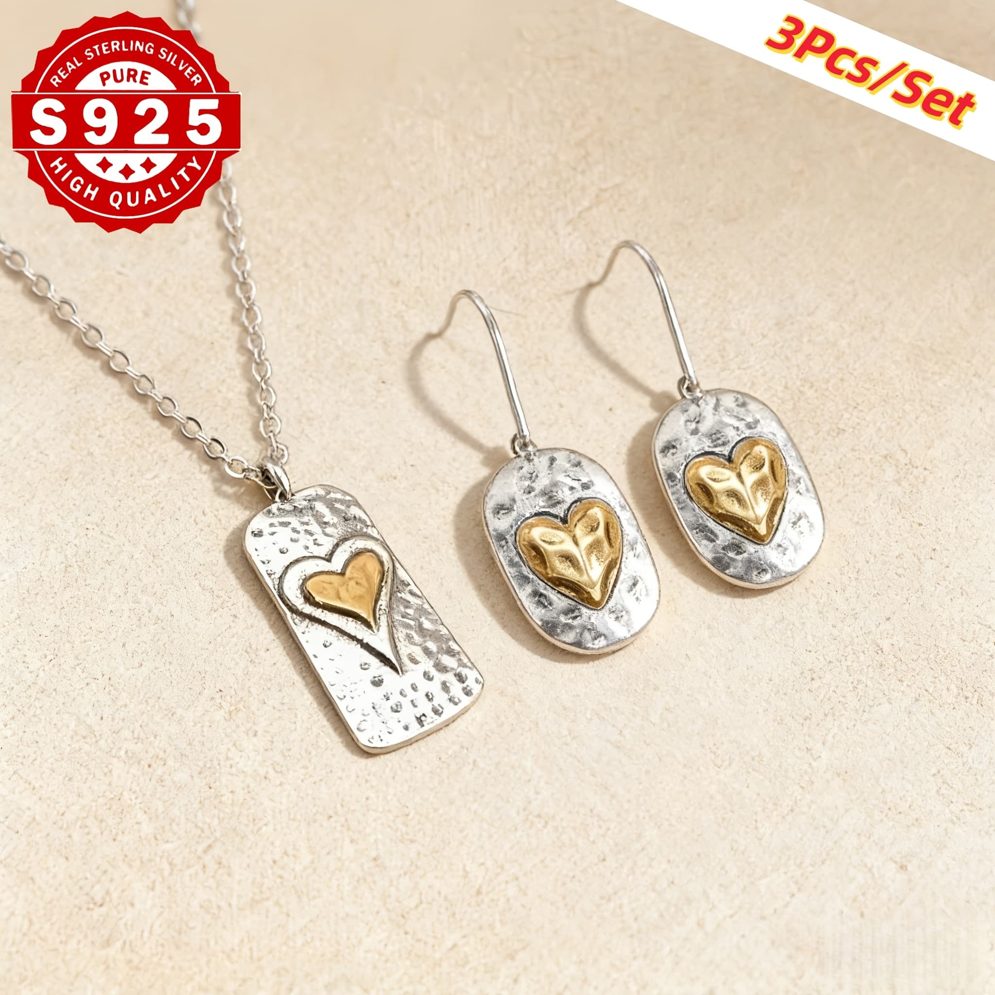 TEMU 3pcs S925 Double-layer Heart-shaped Geometric Rectangular Heart Pendant Necklace And Earrings, Vintage Bohemian Retro Jewelry Accessories Perfect Gifts For Lovers