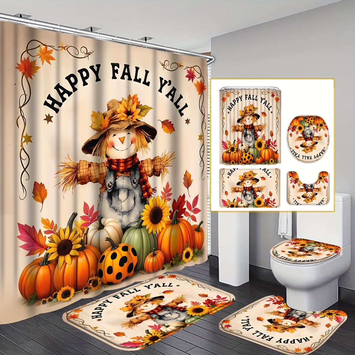 TEMU Complete Set Of 4pcs Featuring A Fall Theme With Pumpkins And Sunflowers For Your Bathroom, Perfect For Thanksgiving. It Includes A Shower Curtain Depicting An Autumn Scene With , A , And Crops
