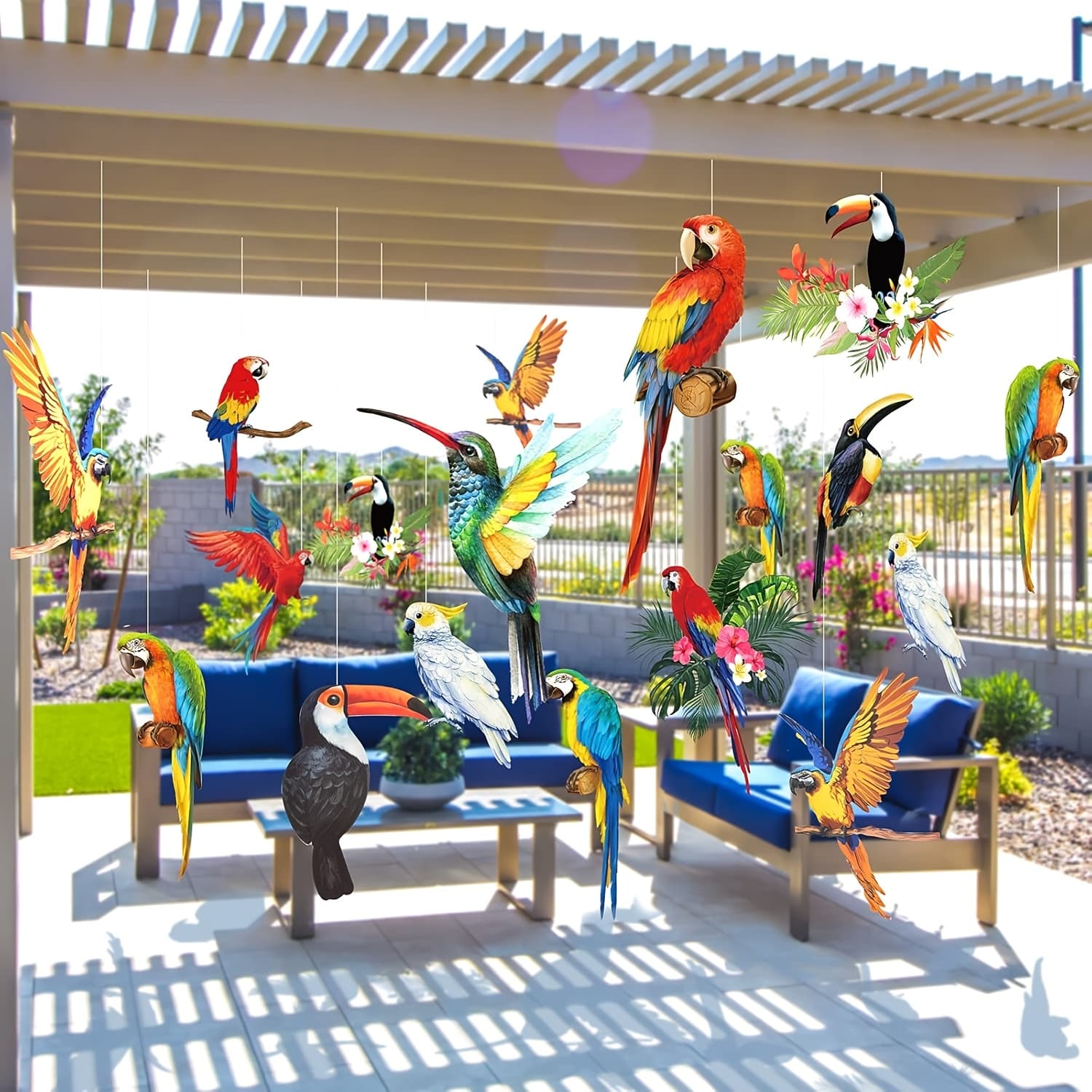 TEMU 24pcs Tropical Parrot Honeycomb Paper Cutouts - Party Decorations With Colorful Birds & Flowers, , Summer Bar, And Outdoor Pergola Decor
