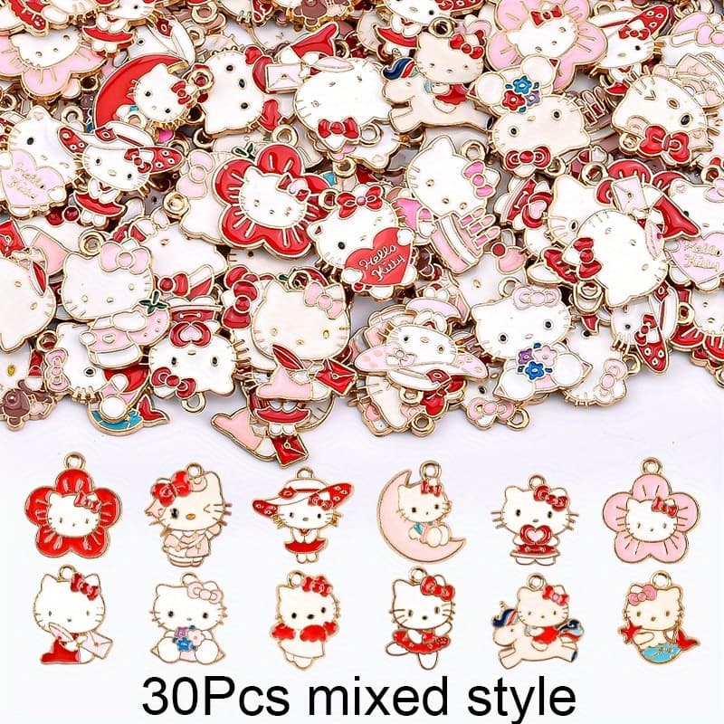 TEMU 30pcs Mixed Hello Kitty Summer Theme Alloy Set - Alloy Charms With Holes Suitable For Keychains, Earrings, Bracelets, And Necklaces - Creative Craft Gift Idea
