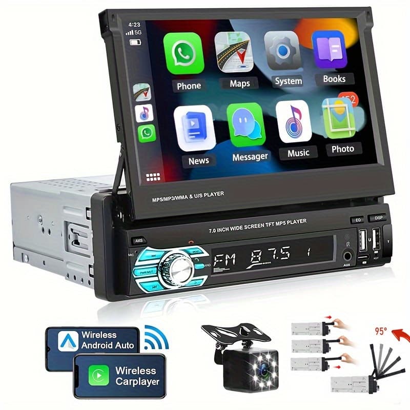TEMU Podofo Wireless Carplayer Single Din Car Stereo 7 Inch Hd Flip Out Touchscreen With Wireless Car Player Auto, Wireless, Type-c/usb/tf/aux, Swc, Fm, Voice Control, Backup Camera