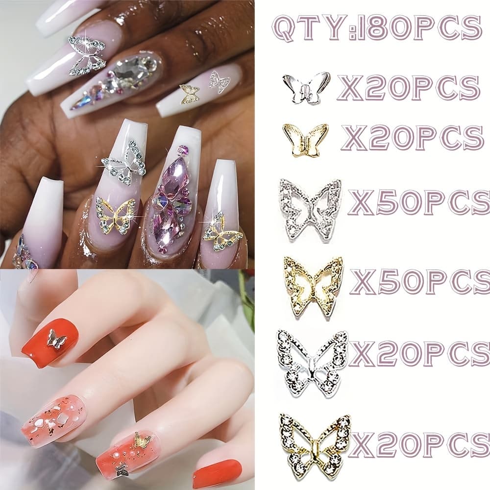 TEMU 180pcs 3d Nail Charms, Golden Silvery Charms For Acrylic Nails, 8 Butterflies Nail Rhinestones Gems Charms +50 Alloy Studs, Nail Art Crystals Diamonds Decor Supplies For Nails Diy