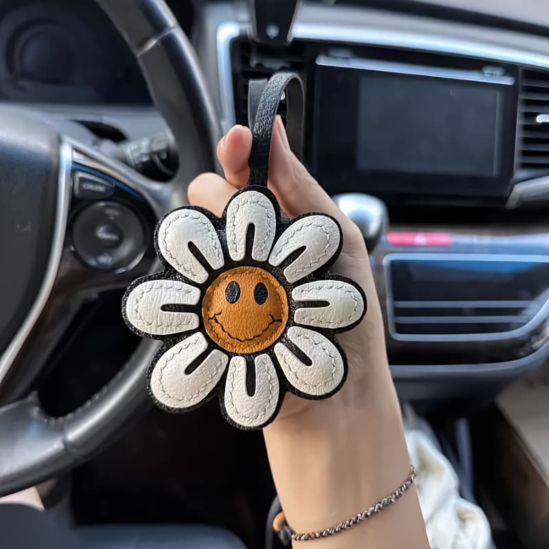 TEMU 1 Handcrafted Sunflower Charm - Leather Car Hanging Accessory With Design | Versatile For Bag, Phone, Wallet Decoration | Stylish & Fun Accessory