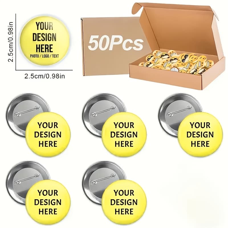 TEMU Box Of 50 Custom Metal Buttons And Badges - Personalized Photo/logo/text/image With Text/text- Badges - Heavy-duty Metal Construction, , And Shapes - Bulk Sewing Branding, Crafts, Events