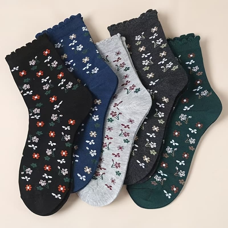 TEMU 5-pair Women's Mid-calf Socks, Mid-waist Jacquard Vintage Floral Small Flower Socks, Mother Socks, Old Lady Socks