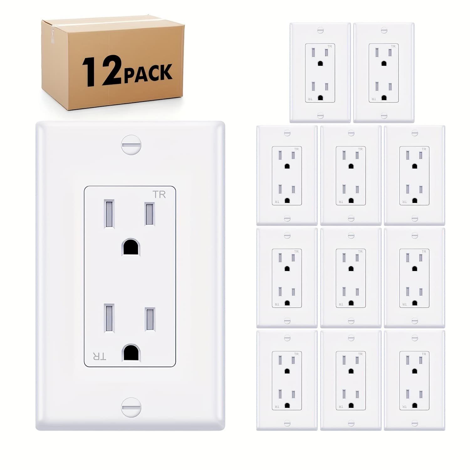 TEMU [12/-pack] White 15 Amp 125 Volt Decorator Receptacle Outlet | Tamper-resistant Electrical Outlet | Residential And Commercial Use | Wallplate Included | Self-grounding |