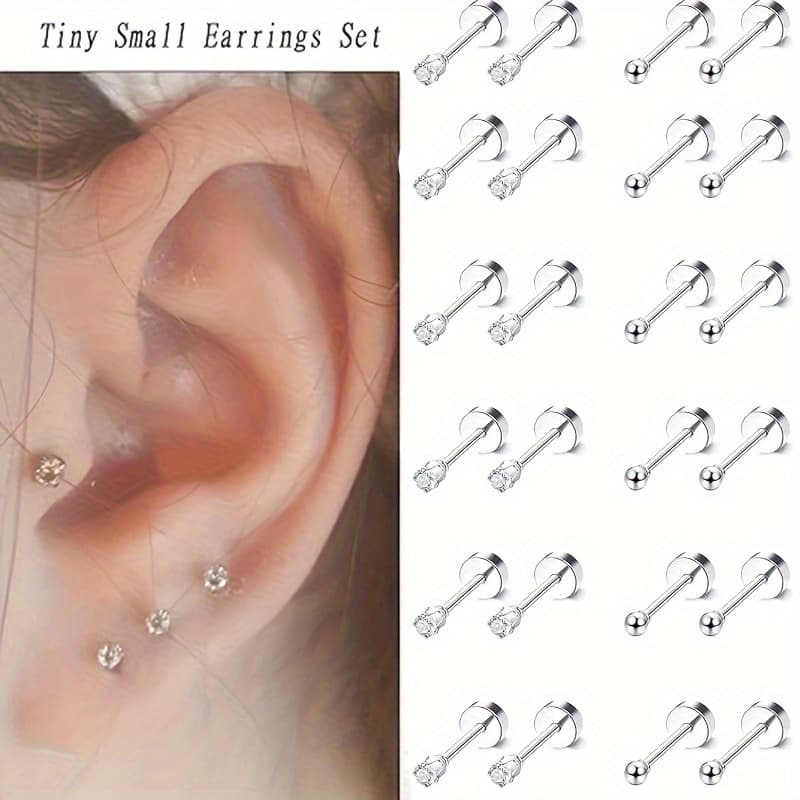 TEMU 12 Pairs Of Stud Earrings Set, Mini Stud Earrings, 2mm Oxidized Cubic Zirconia Flat , No Feeling Of Wearing, Lightweight Design, To Remove For Sleeping And Bathing, Piercing Studs