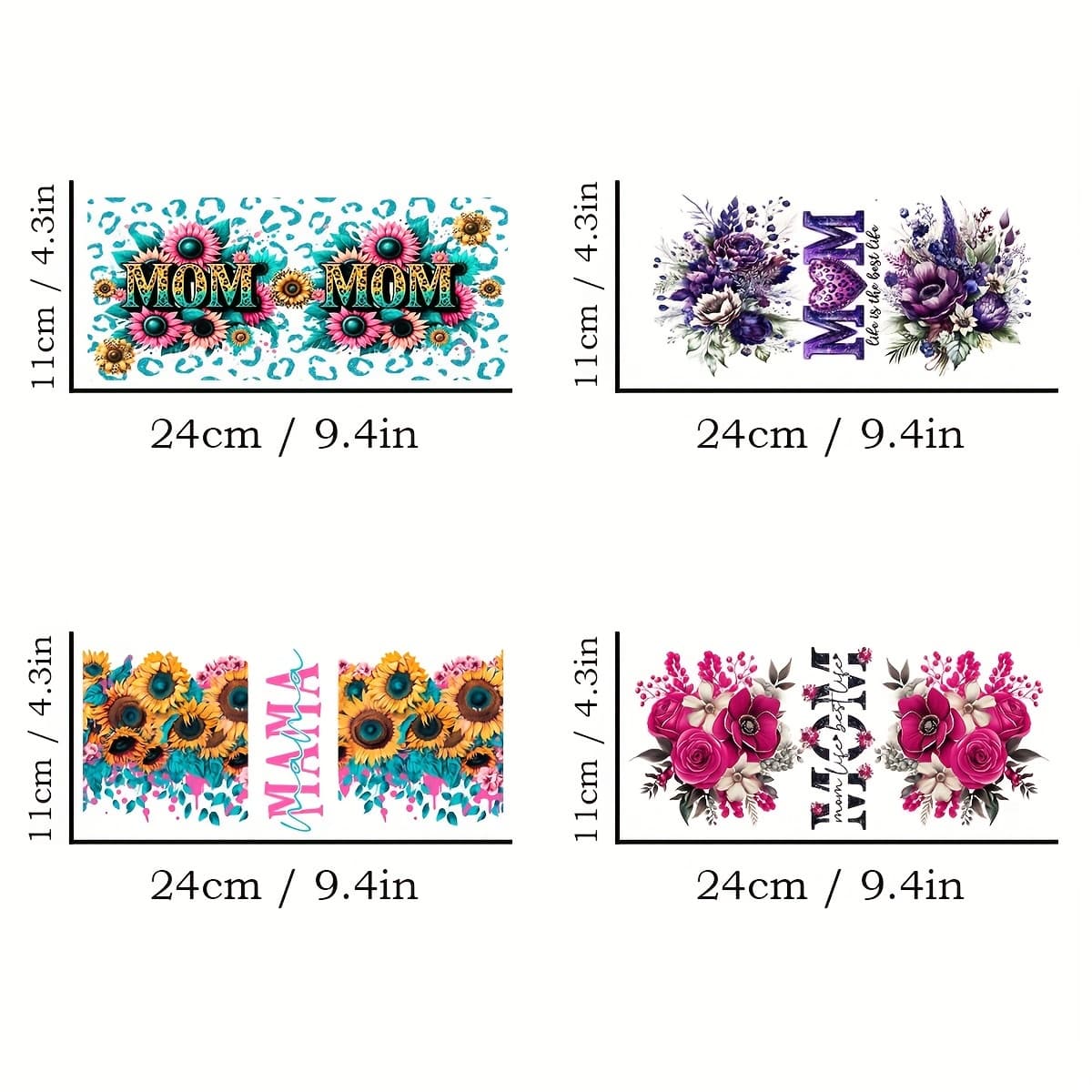 TEMU Mom Flowers Transfer Stickers, 4pcs Set, Uv Dtf Self-adhesive 3d Crystal Decals For Glassware, Scratch-resistant Plastic Wrap, High-quality Stickers For Cups And Bottles - 4.3" X 9.4"