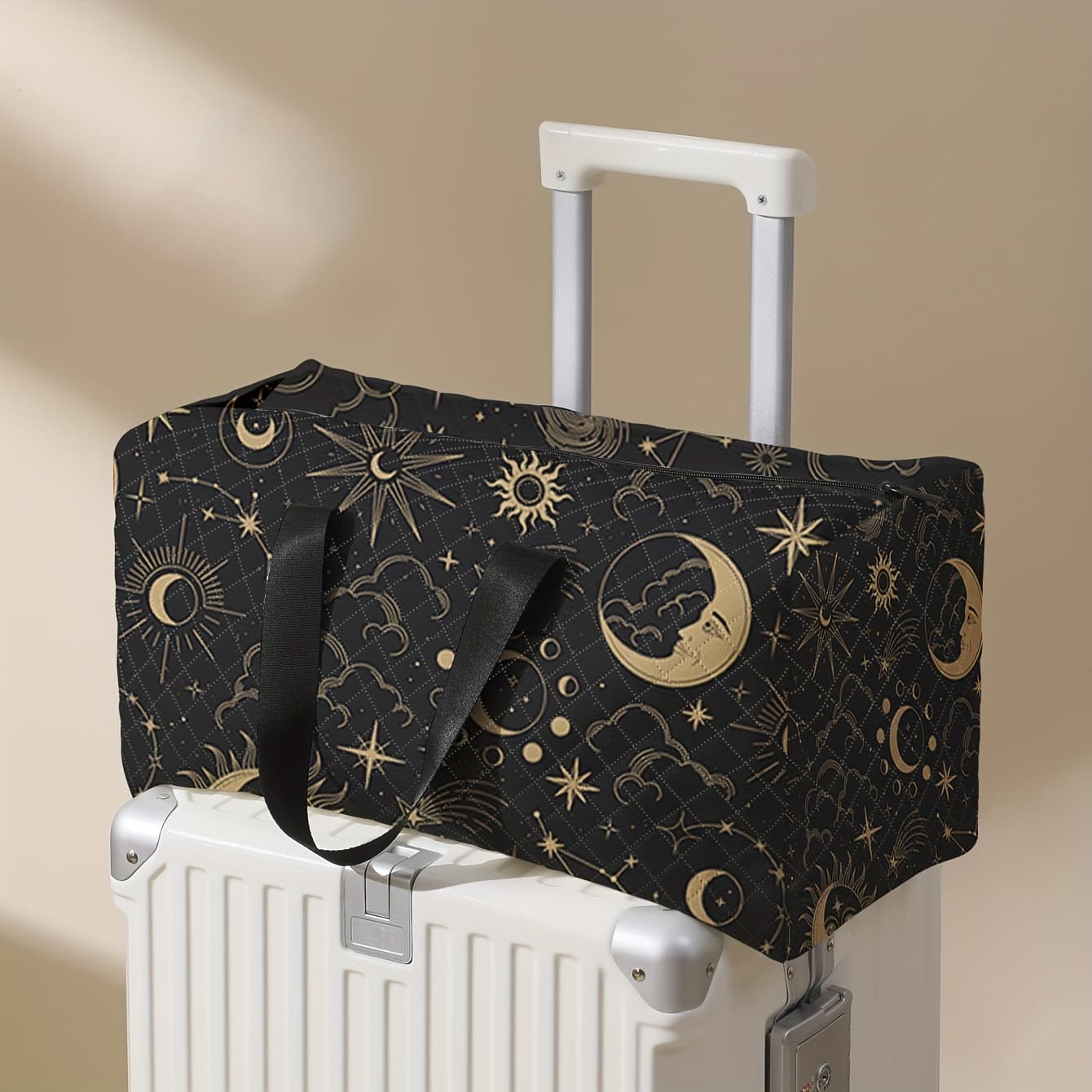 TEMU 1pc Large Capacity Travel Handbag, Moon Sun Pattern Print Fashion Crossbody Bag, Handbag With Shoe Compartment, Portable Overnight Luggage Bag, Suitable For Gym, Travel