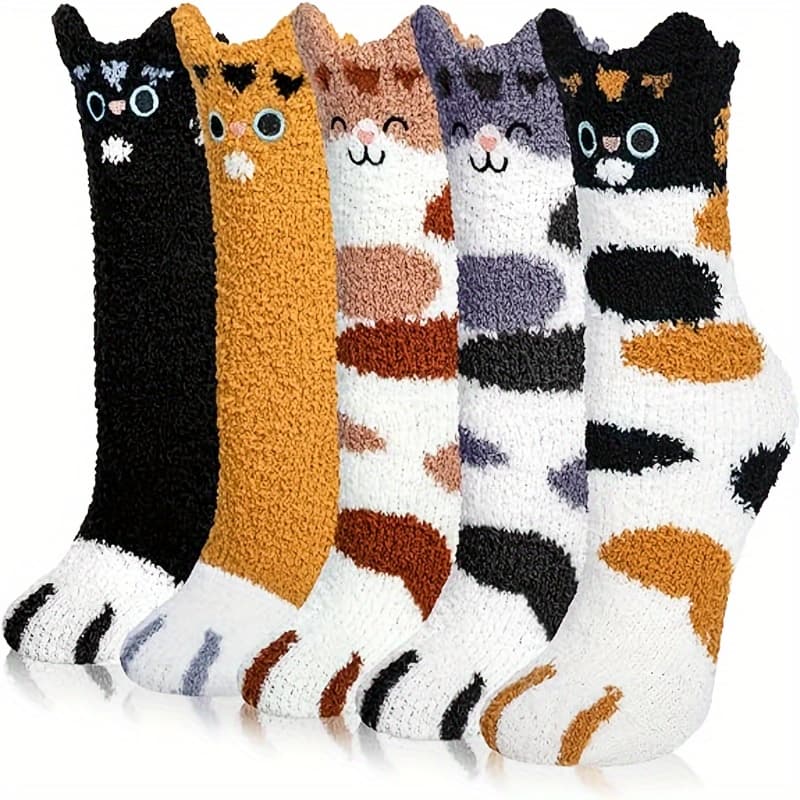 TEMU 5 Pairs Women's Slippers Coral Fleece Socks Cat Paw Sleep Socks Winter Plush Fluffy Mid-calf Socks