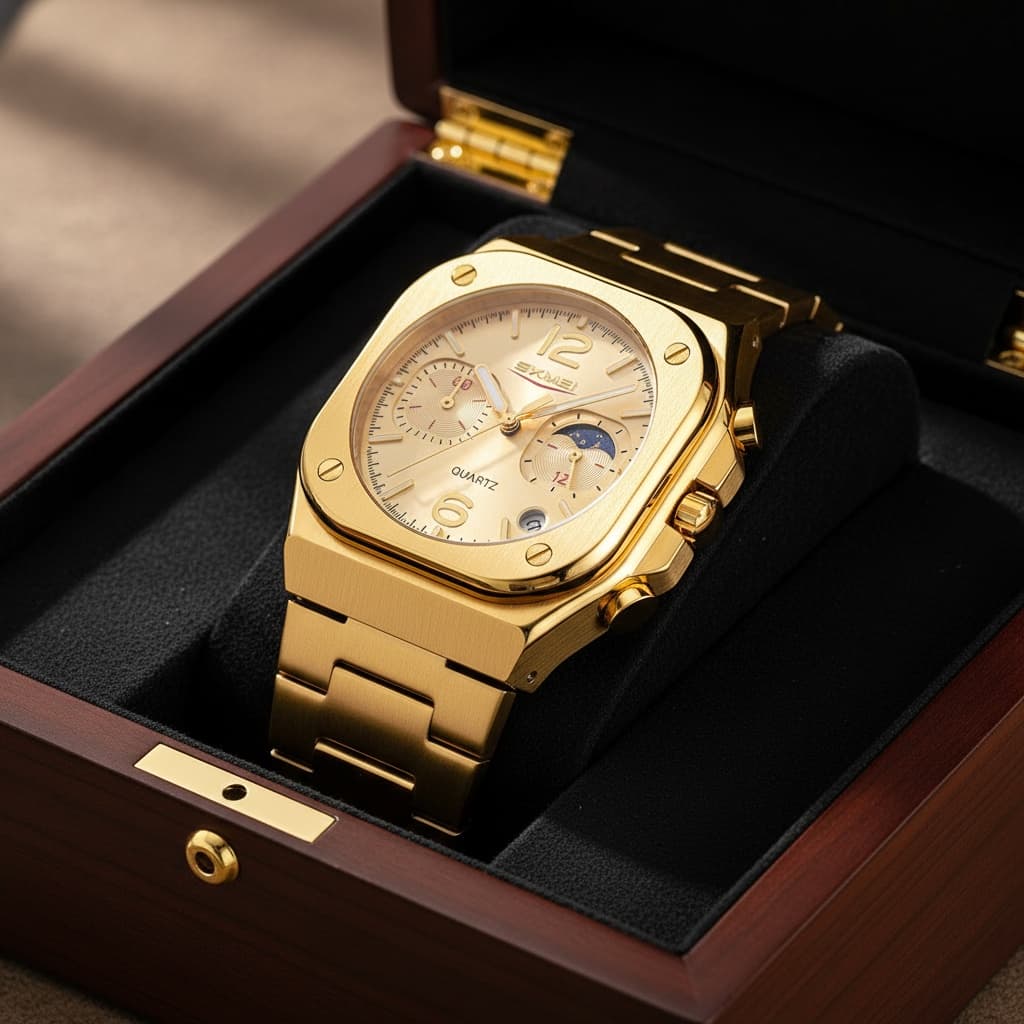 TEMU Skmei 9368 Mens Multifunction Business Watch Moon Phase Date And Chronograph Stainless Steel Waterproof Quartz Watch For Daily Use And Gift Includes Gift Box And Free Strap Adjustment Tool