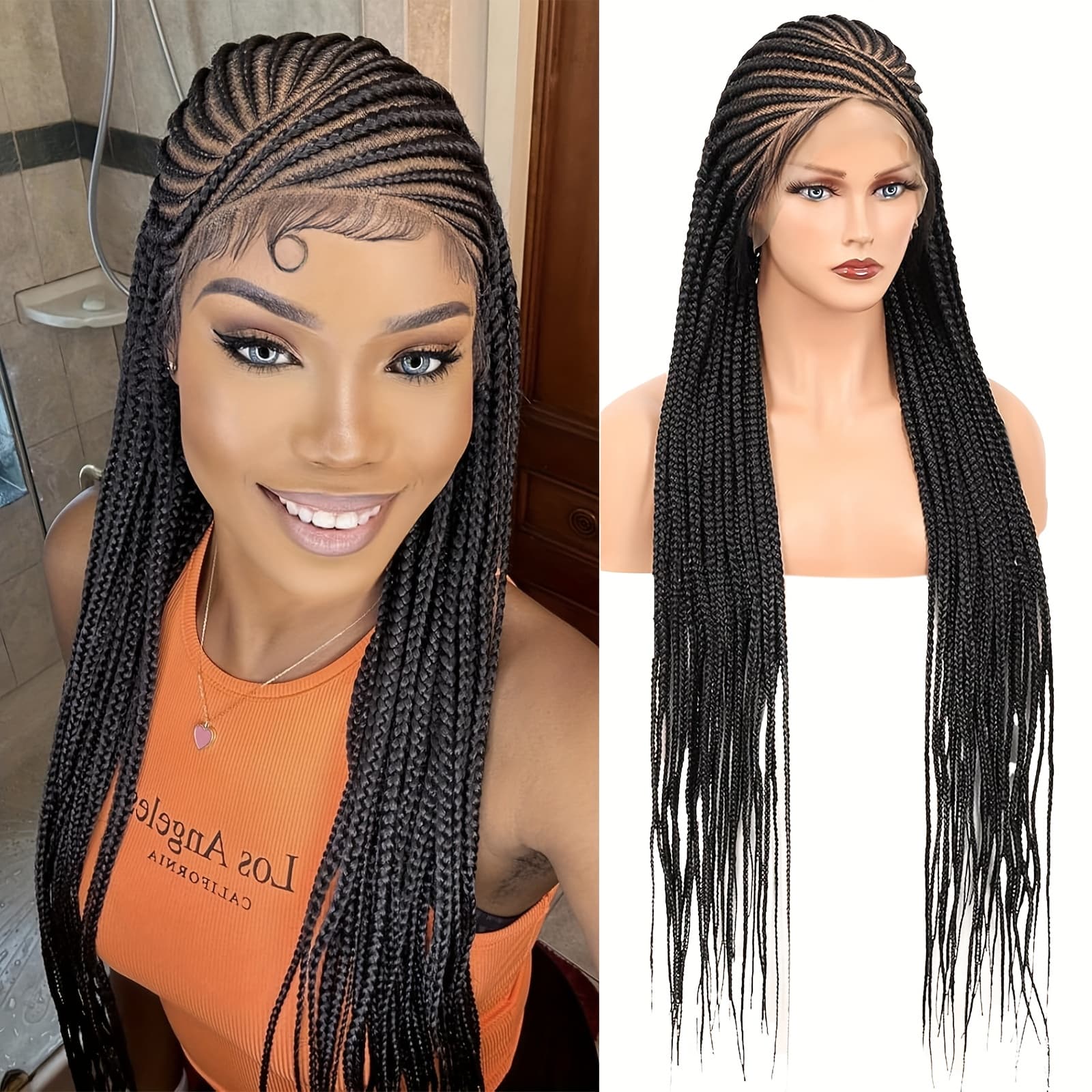 TEMU Full Hd Lace Cornrow Braided Wig For - 200% Density Hair Box Braids With Pre-, Full Lace Frontal Wig For All , Natural Look & Versatile Styling