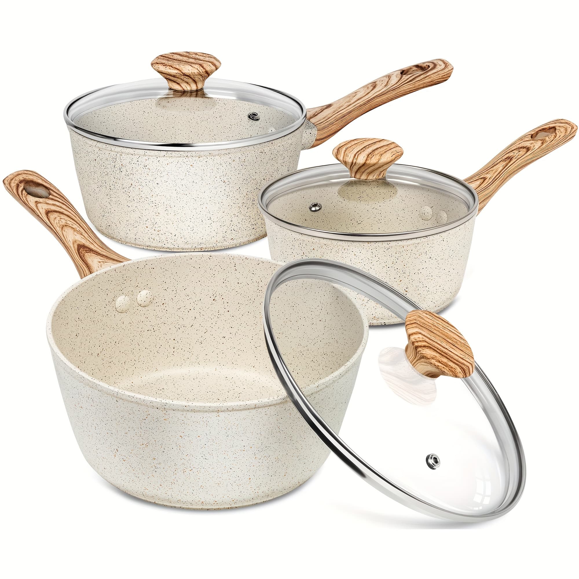 TEMU Sauce Pan With Lid, Nonstick Saucepans 1.5qt&2qt&3qt, Granite Sauce Pan 3pcs, Stone Saucepan Set, Small Pot With Lid, Nonstick Sauce Pot Set, White