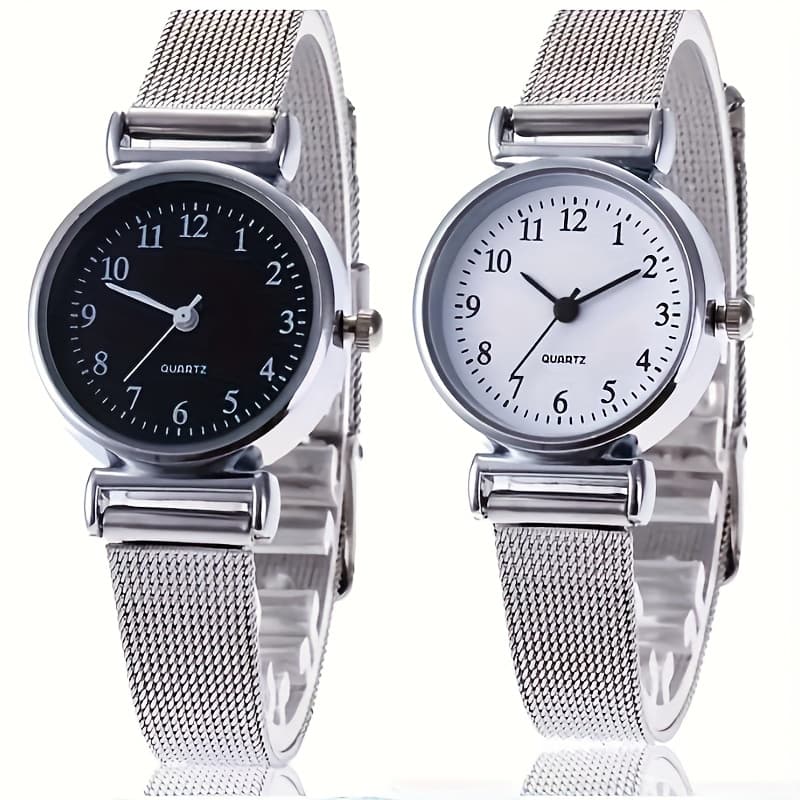 TEMU 2pcs/set Women Watches, Small Dial Mesh Band Quartz Ladies Bracelet Dress Clock