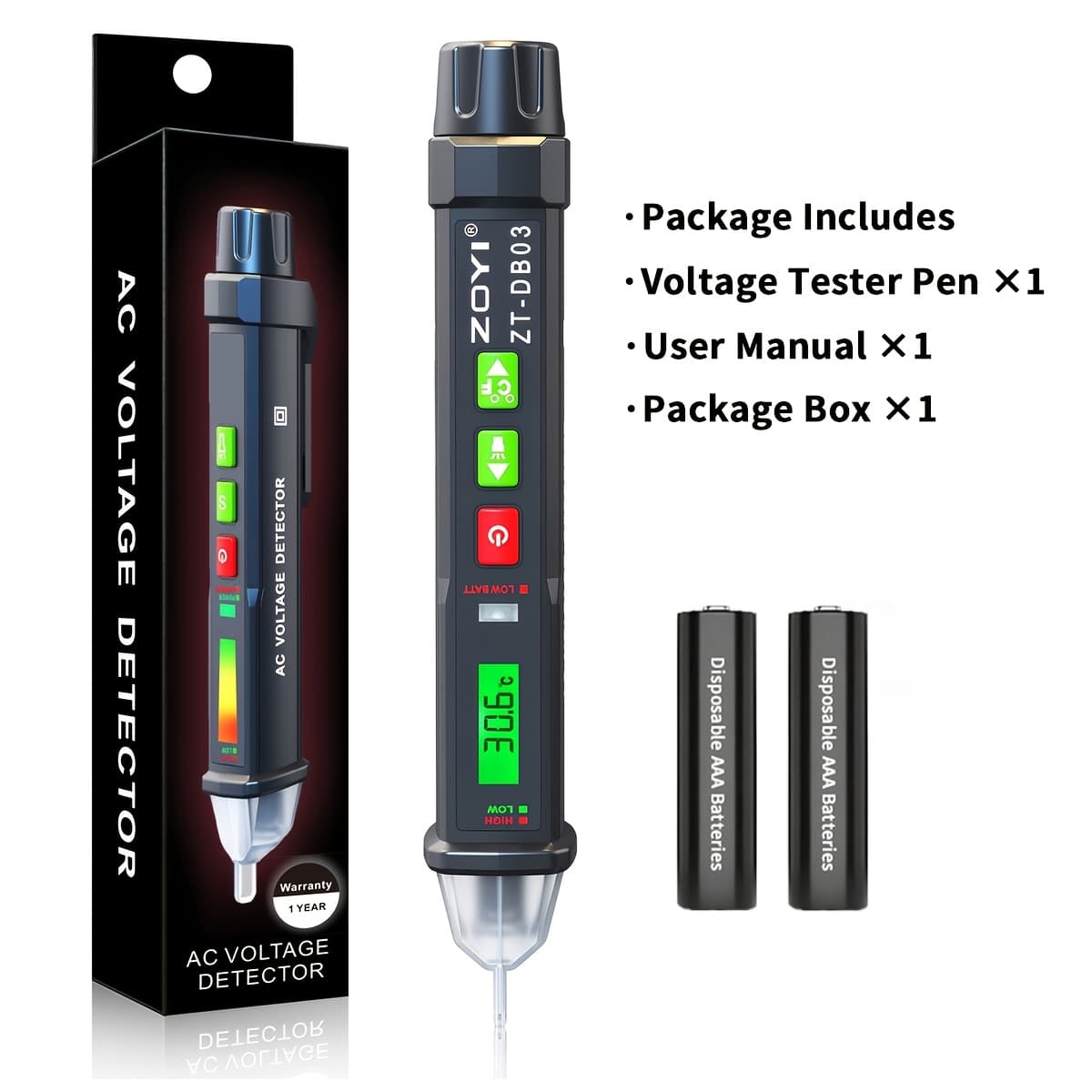 TEMU Zoyi Non-contact Voltage Tester 12-/48v-1000 Adjustable Ac Voltage Detector Test Pen And Led Flashlight