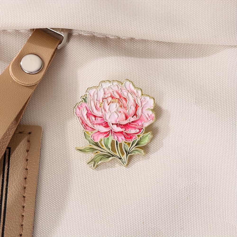 TEMU Art Peony Enamel Brooch Pin - Vibrant Pink With Golden Accents, Elegant Lapel Pin For Bags, Jackets & Accessories, Durable Enamel Jewelry Gift Intricate Detailing Suitable For Men And Women.