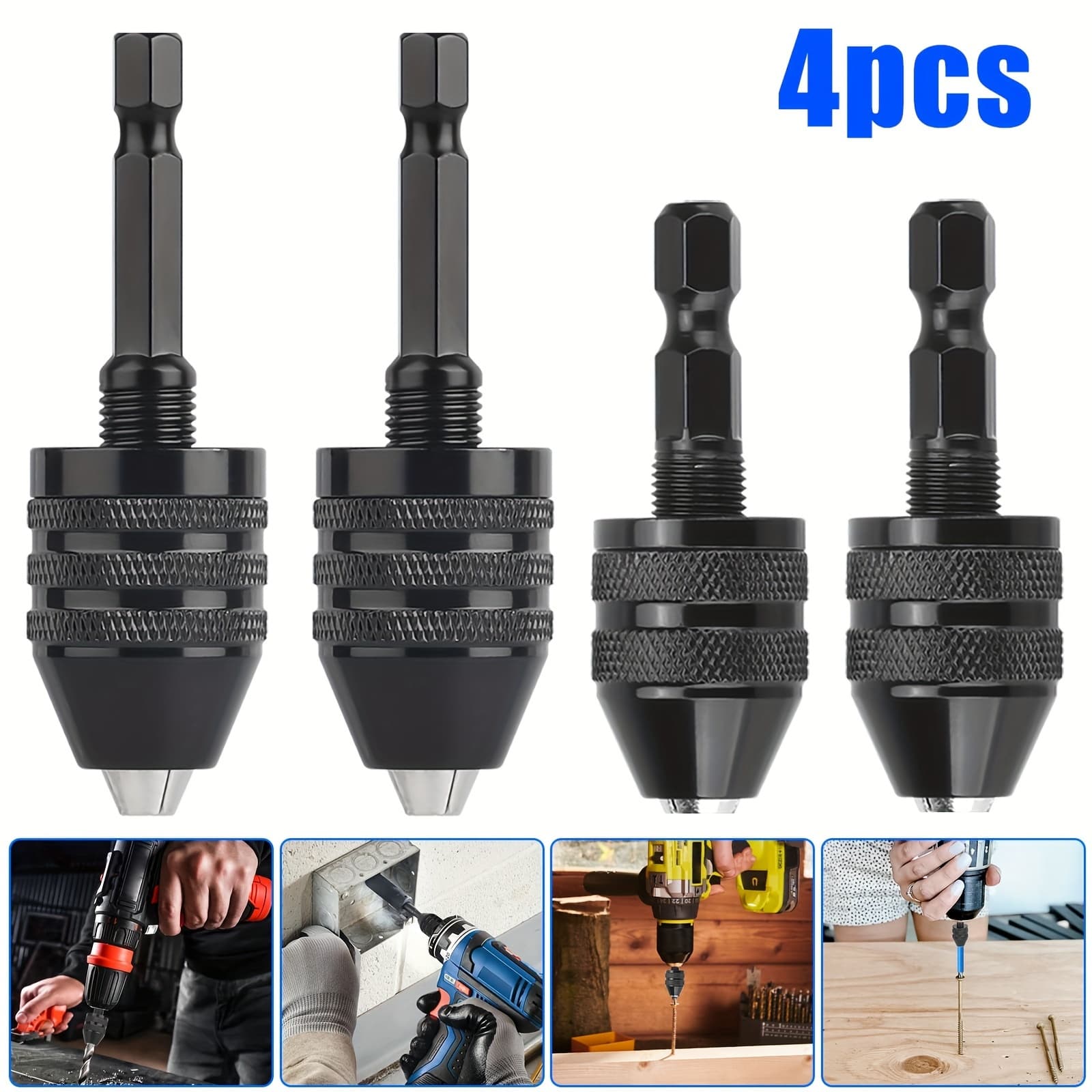 TEMU 4pcs Hex Shank Keyless Drill Adapter, 0.3-6.5mm & 0.3-3.6mm Collet, Screwdriver Impact Converter, Quick Change Drill Bit