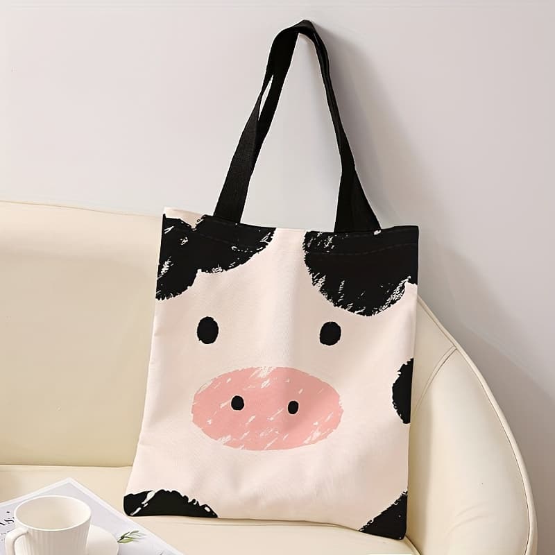 TEMU Women's Cartoon Cow Print Handbag - Reusable Polyester Shopping Bag With Black Handles, & Pink Accents, Lightweight High-quality Casual Handbag For Everyday Use, Reusable Shopping Bags
