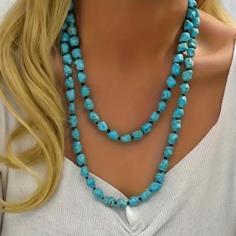 TEMU Handmade Boho- Double Layer Bead Necklace For Women - Natural Stone Long Chain, Vacation Jewelry For Casual & Special Occasions, Beach Jewelry