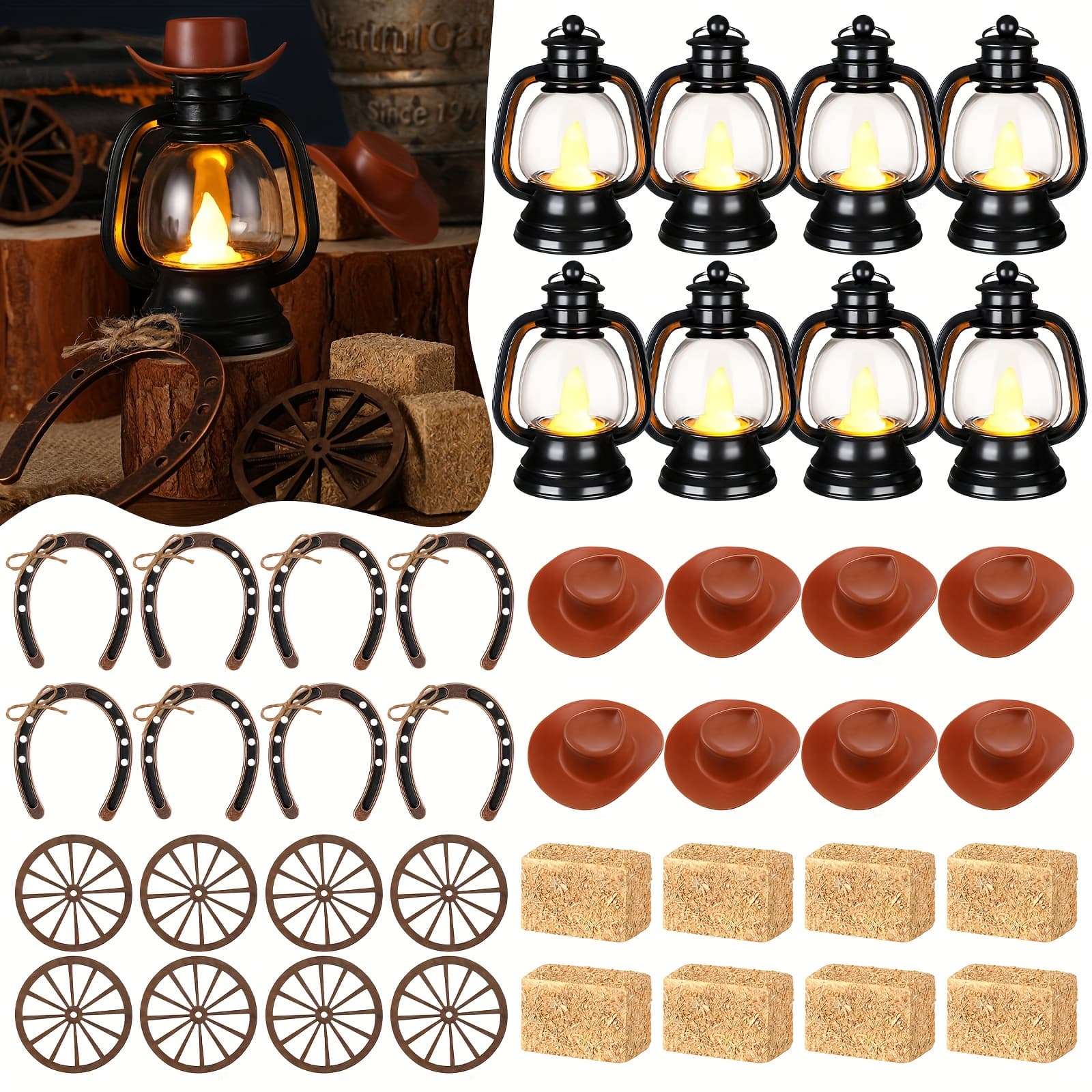 TEMU 60pcs Cowboy Theme Party Decoration Western Party Decor Rodeo Table Centerpieces Rustic Country Mini Cowboy Hat Lantern Horseshoe Wagon Wheel Hay For Adult Cowgirl (brown)