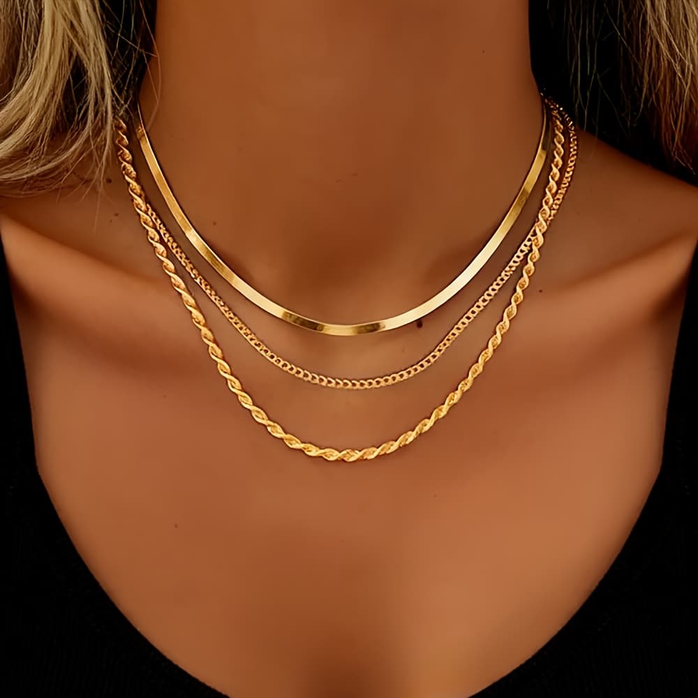 TEMU Women's Golden Stainless Steel Layered Necklace - Minimalist Elegant Jewelry, Shiny Stackable Chains For Daily Wear & Parties, Versatile Gift Suitable For Women &