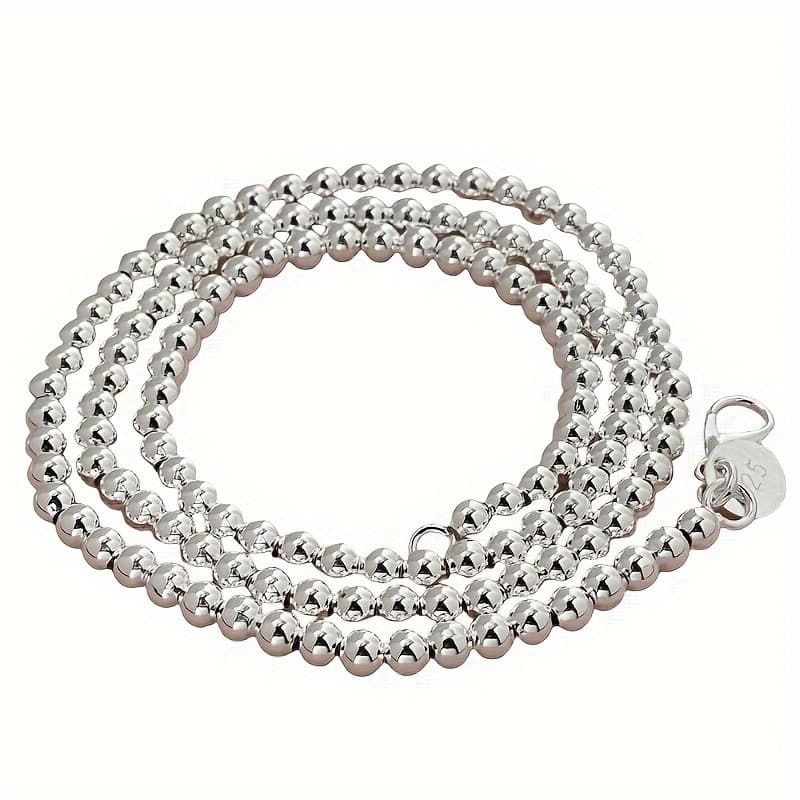 TEMU 1 Elegant 925 Sterling Silver Bead Necklace, Adjustable 16 Inches, Fashionable Round Bead Chain, Trendy Jewelry Accessory