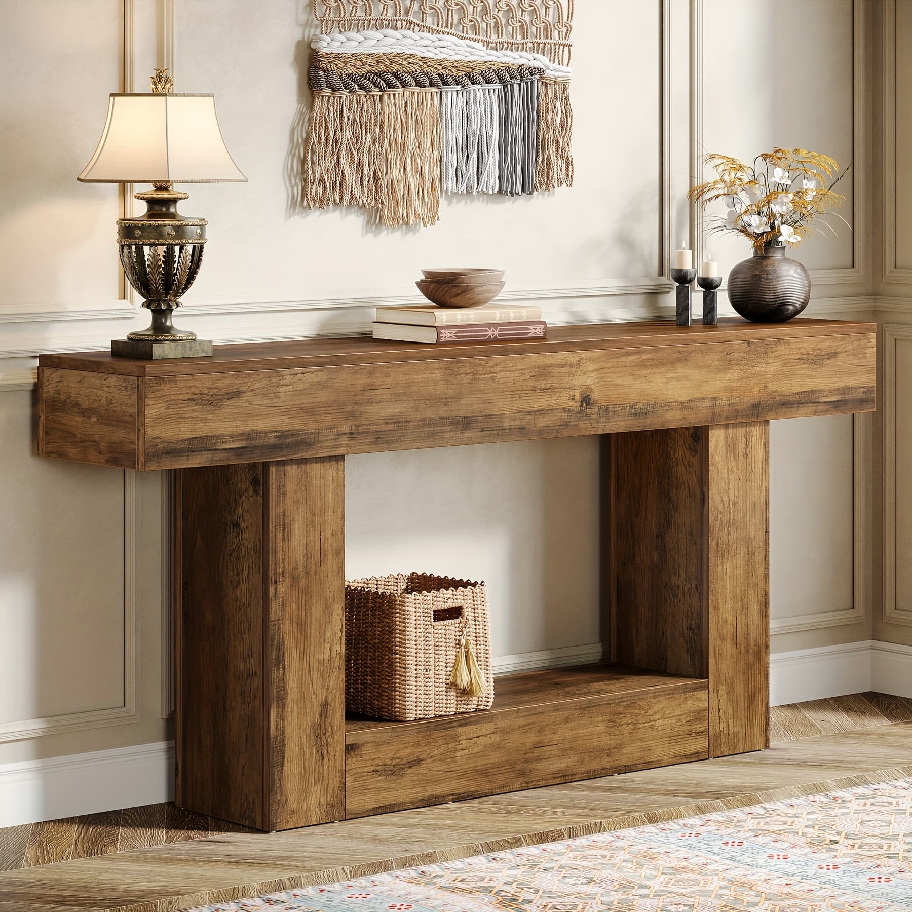 TEMU 63" Console Table With U-shaped Base & 2-tier Shelves - Rustic Entryway Sofa Table, Wood/particle Board, Easy Assembly, Behind Couch Table For Living Room, Hallway, Foyer