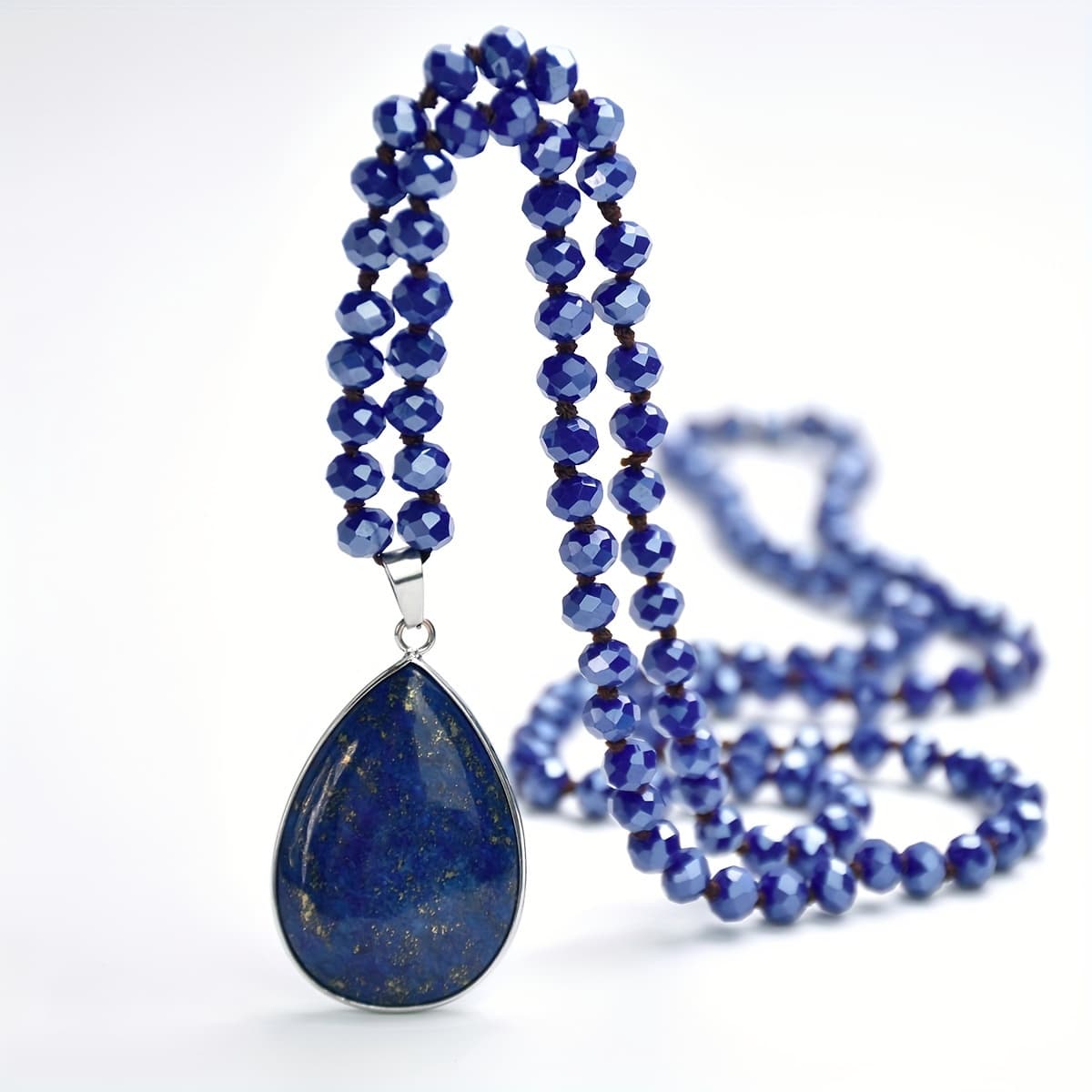 TEMU Natural Lapis Rose Quartz Pendant Glass Beads Long Necklace Elegant Shaped Pendant Handmade Sweater Chain For Women