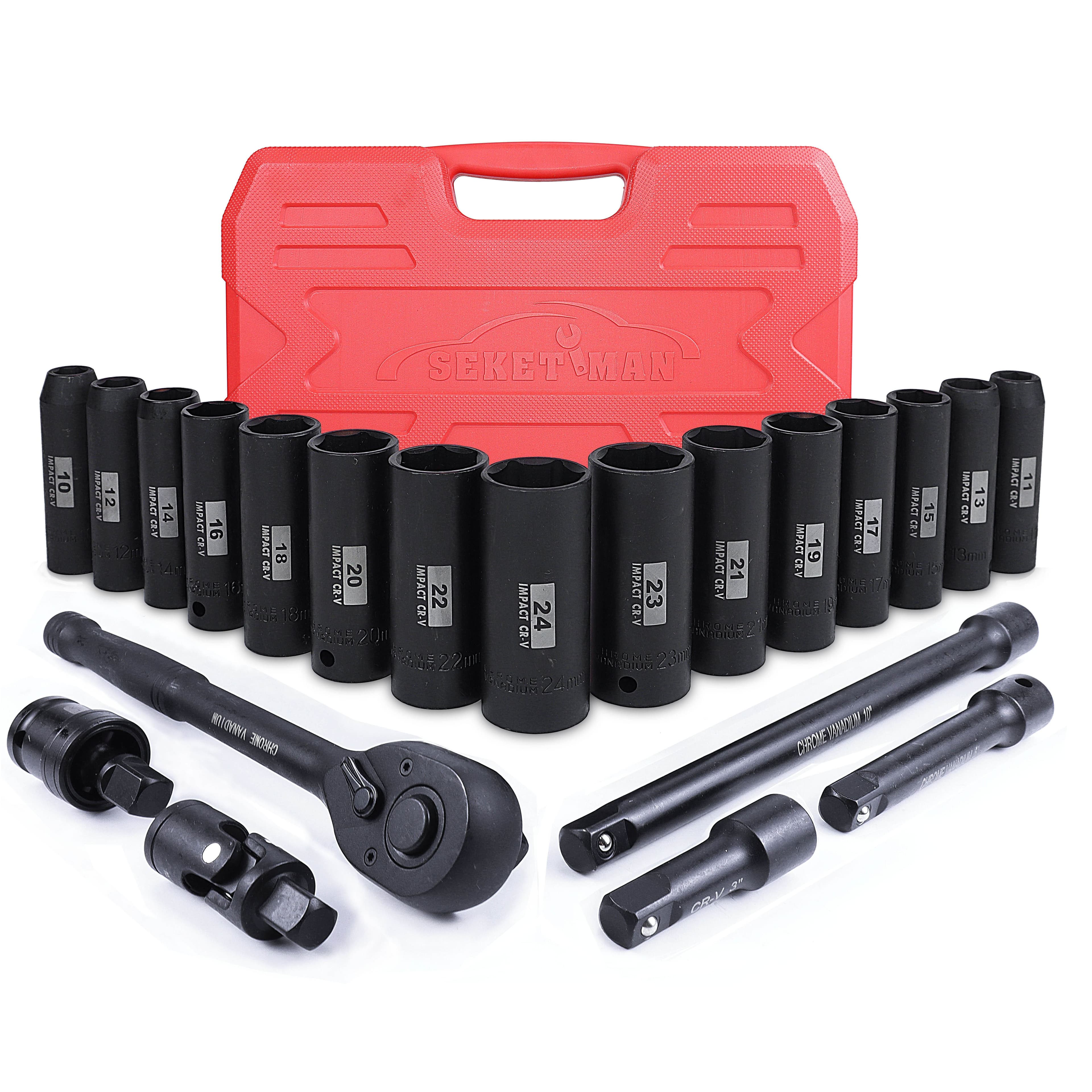 TEMU Seketman 21pcs Drive Deep Impact Socket Set, 1/2-inch Metric Socket Set, (10-24mm), 6 Point, Cr-, Includes Extension Bar, Universal Joint And Ratchet Handle