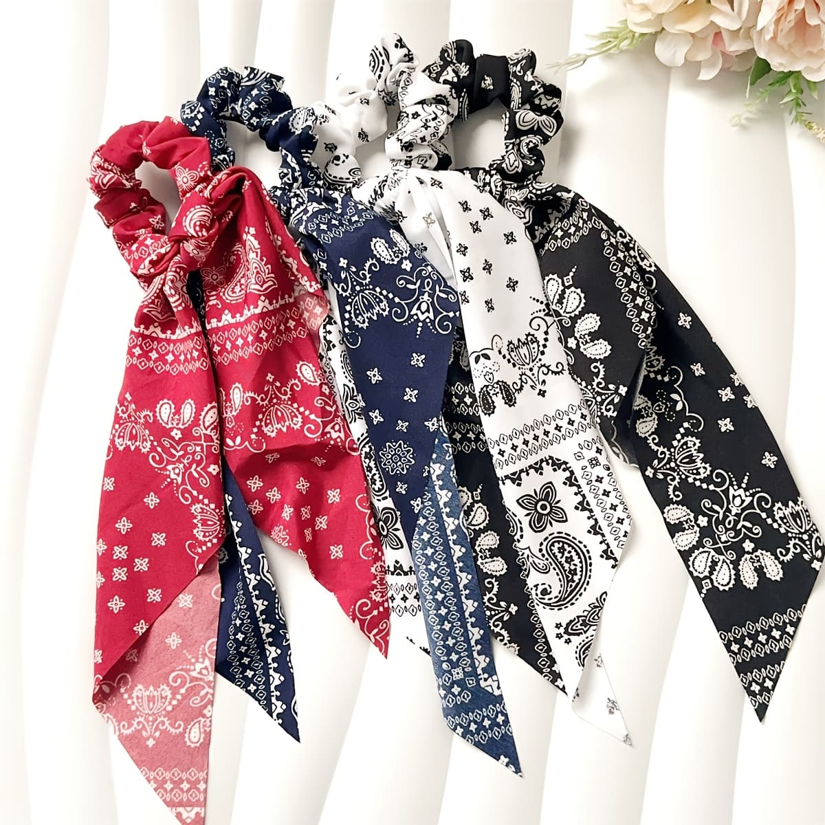 TEMU 4pcs Of Paisley Patterned Fabric Printed Hair Ties With Scarf For High Ponytails