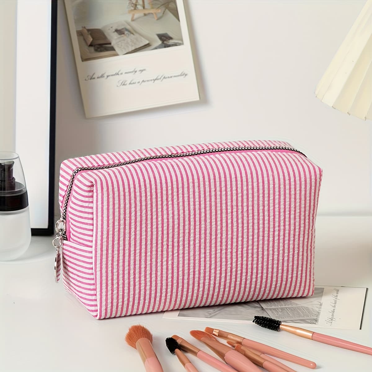 TEMU [name Customization] Striped Travel Toiletry Bag, Zippered Makeup Bag - Personalized Name Embroidery, Portable Polyester Cosmetic Organizer, Suitable For Travel, School, Dormitory, Or Home Use