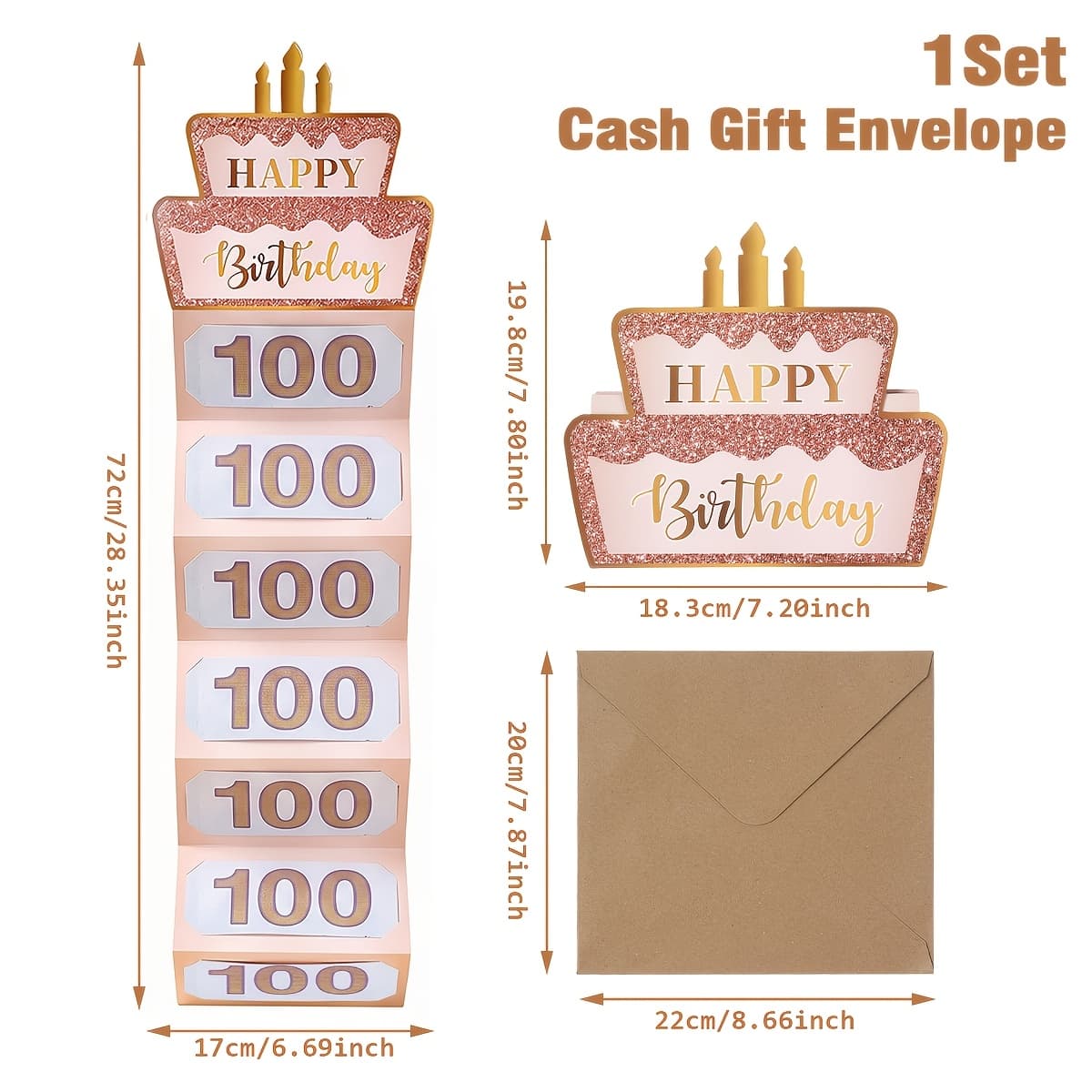 TEMU 1set, Card, Pink Golden Birthday Banknote Card Envelope Set, Happy Birthday Folding Banknote Card, Happy Birthday Party Supplies, Baby Shower Party Decor, Unique Creative Cash Box, Party Gifts