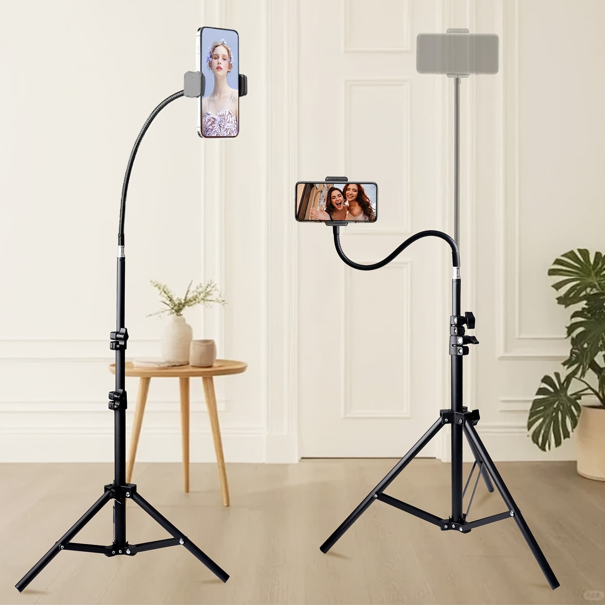 TEMU 57 Inch Phone Tripod With Inch Adjustable Gooseneck, Portable Tripod With Cell Phone Clip, For Recording Photo Vlog, Extendable Cell Phone Tripod Stand For Live Streaming, Cooking, Fitness