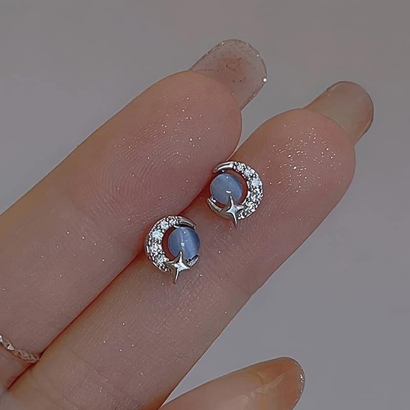 TEMU 2pcs 925 Silver Blue Stone Moon And Star Earrings Cute Gift For Her