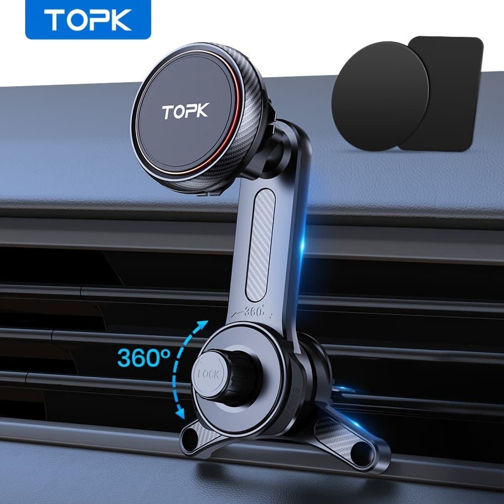 TEMU Topk D45t Magnetic Car Phone Holder, Extended Arm 3- 360° Rotating Extendable Metal Hook Powerful Magnetic Phone Mount For Cars