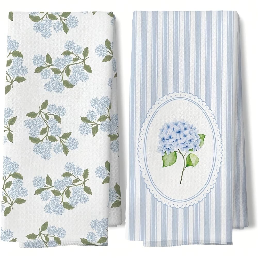 TEMU 2 Light Blue Hydrangea Floral Print Kitchen Towels Bathroom, 16x24 Inch Absorbent Waffle Weave Kitchen Towels, Blue Hydrangea Floral Hand Towels Bathroom Decor Gifts