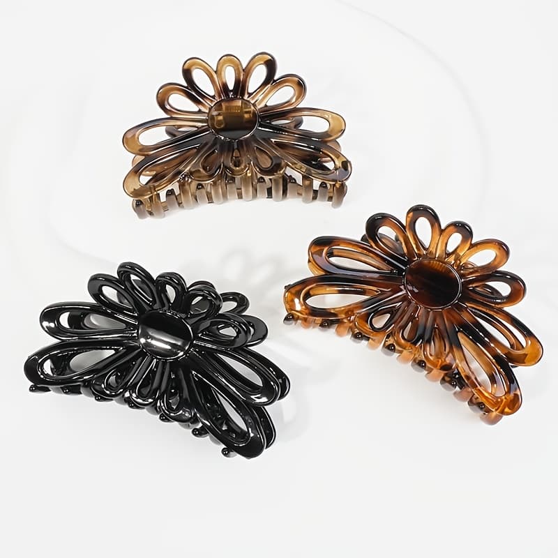 TEMU 3pcs Retro /brown Hollow Out Sunflower Women Hair Claw Clip, 8cm/3.15in Hollow Floral Hair Clip, Leopard Print Non-slip Grip Hair Claw Clip