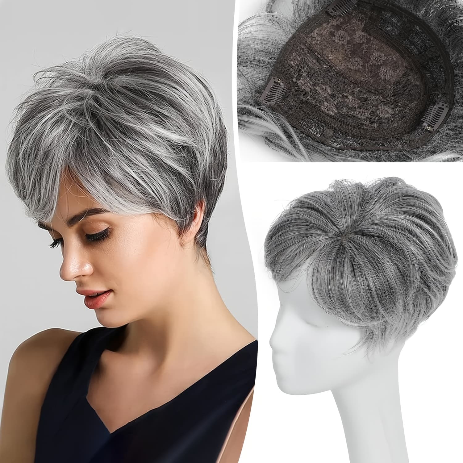 TEMU Grey Hair Toppers For Women Cut Short Hair Topper Fluffy Synthetic Hair Topper Clip In Top Wavy Hair Pieces