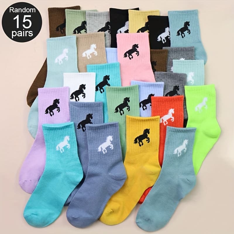 TEMU 15 Pairs Random Multicolor All Season Horse Pattern Crew Socks, Moisture Wicking Breathable Simple Versatile Mid Calf Socks