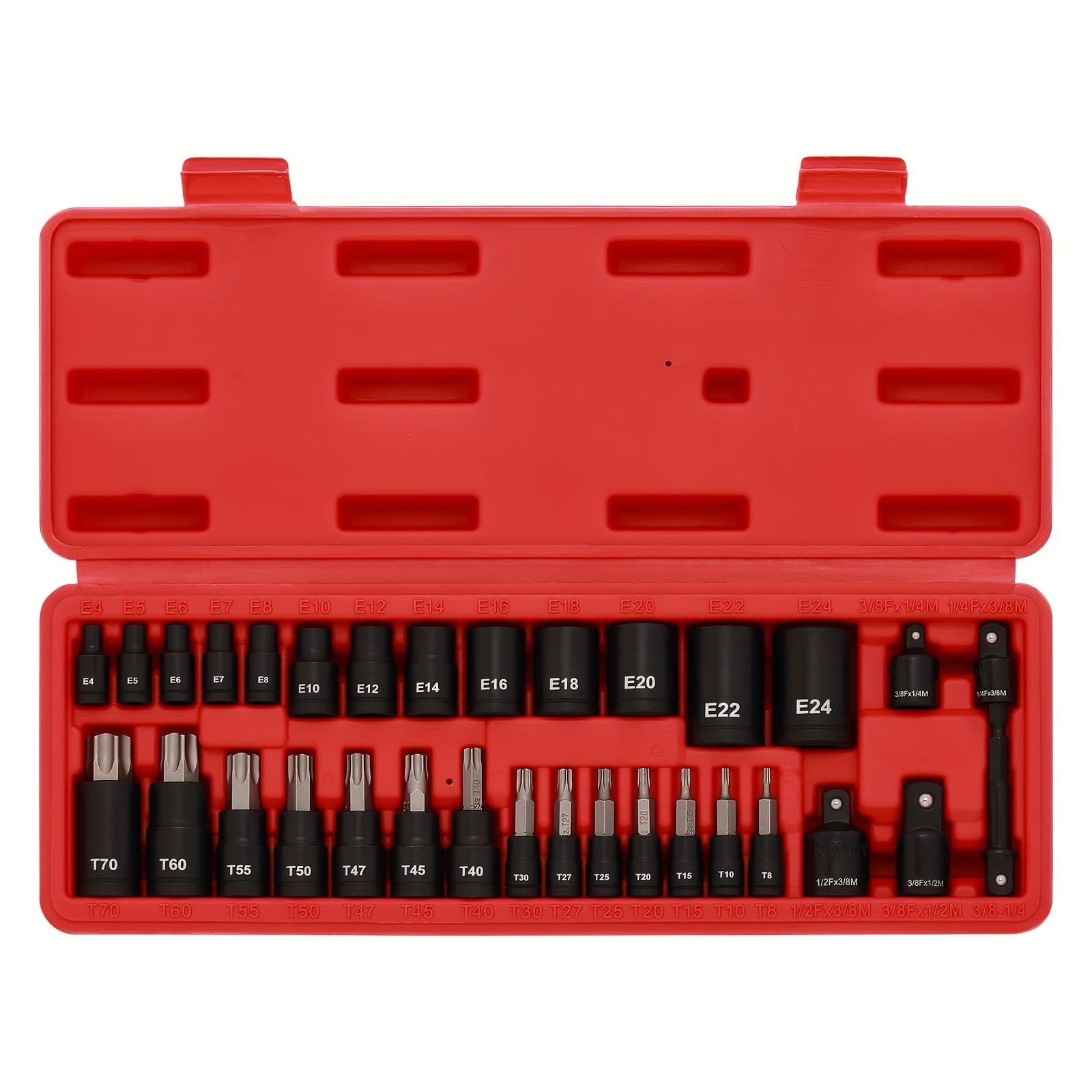 TEMU 32pcs Torx Bit Socket Set And Female External Socket Set, 14 Star Bits (t8-t70)& 13 E-torx Sockets (e4-e24), & S2 Alloy Steel, Includes Socket Adapter, Drill Adapter