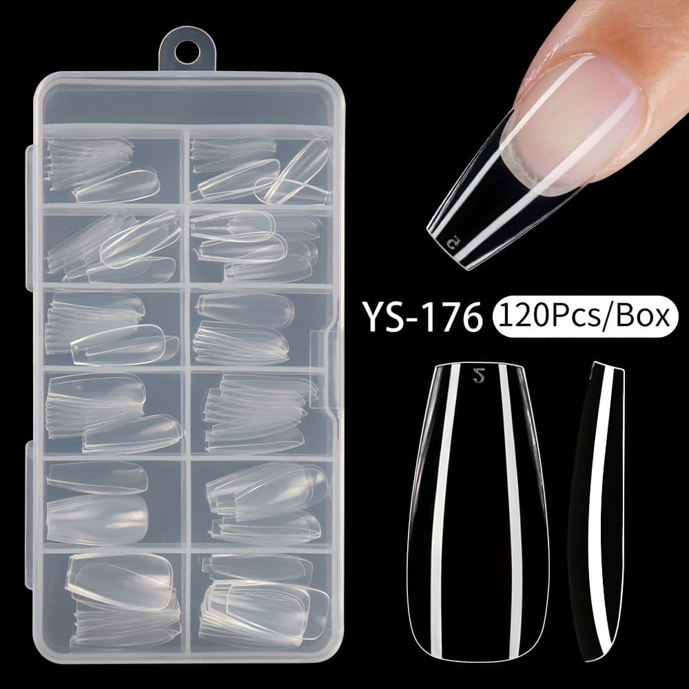 TEMU 120/240pcs Soft Gel Nail Extensions, Full Cover Carved Transparent Long Coffin Fake Nails, Ballet Nail Tips, Glossy Finish, Pure , With Nude Tone For Press-on Nails