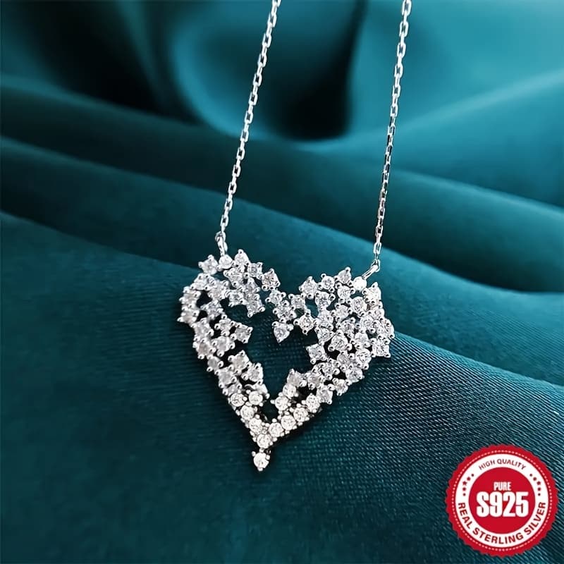 TEMU Stunning Love Heart Cubic Synthetic Synthetic Zirconia Pendant Necklace - S925 Sterling Silvery Birthstone Delicate Jewelry For Women And - Perfect Engagement, Wedding, And Anniversary Gift Idea