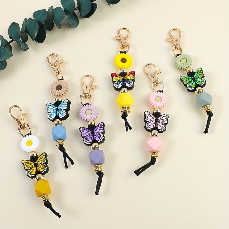 TEMU 6pcs/set And Daisy Beaded Key Ring Backpack Accessory Pendant Anti-lost Keychain Gift For Festival Gift