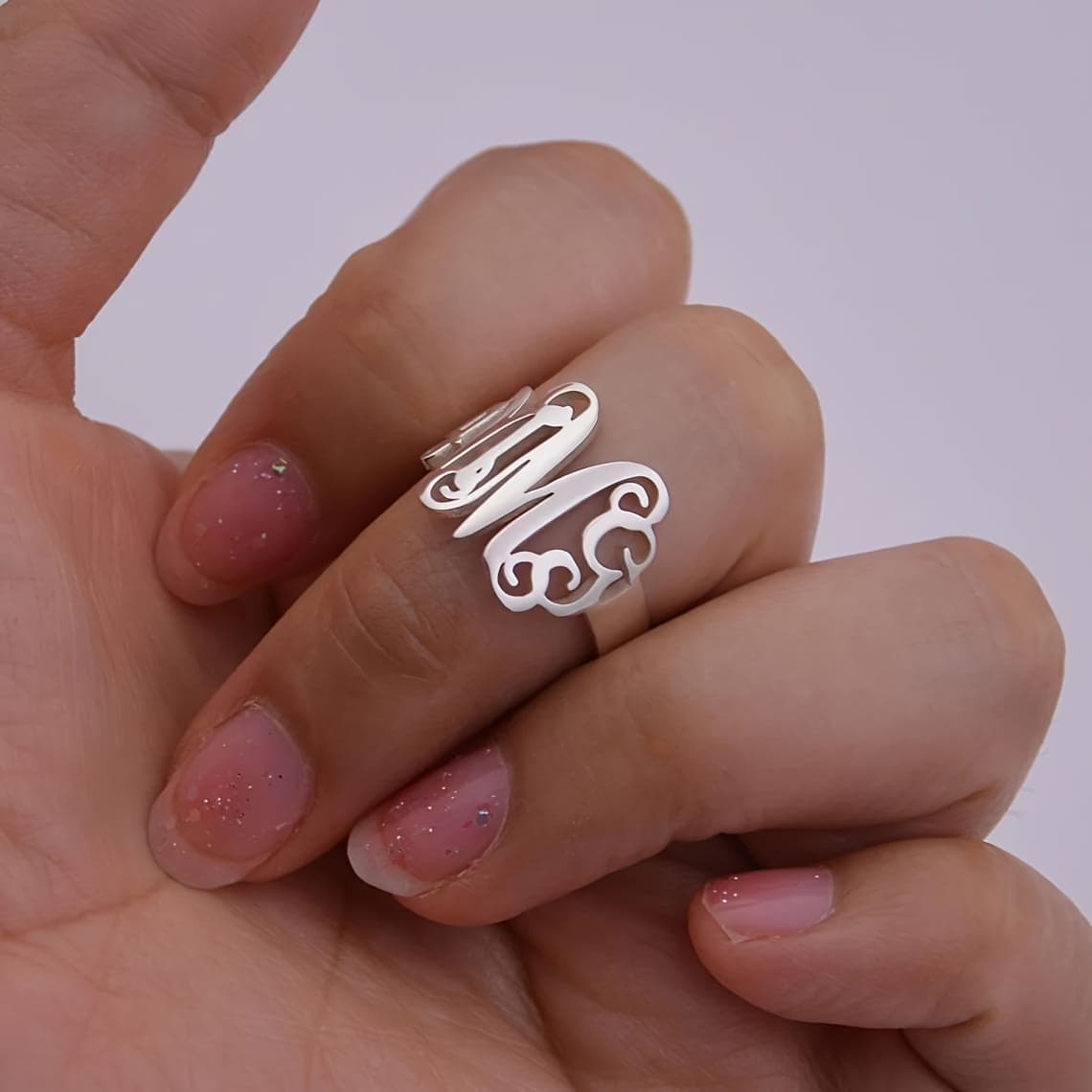 TEMU (customized) Customize 1 Women's Fashionable And Elegant Stainless Steel , Customize 3 Letter Style Open Rings, Suitable For Women', Work And , Perfect Gift For
