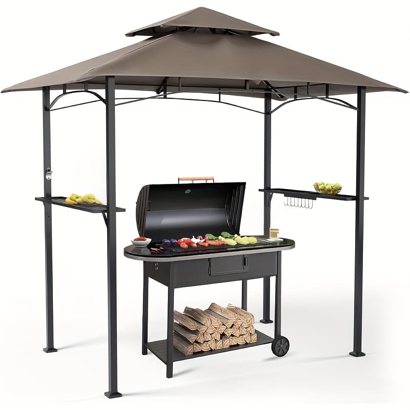 TEMU Outdoor Grill Gazebo, 8 X 5' Patio Double Tiered Bbq Canopy With 8 Hook Tools, For Barbecue, Picnic, Garden, Backyard And Poolside