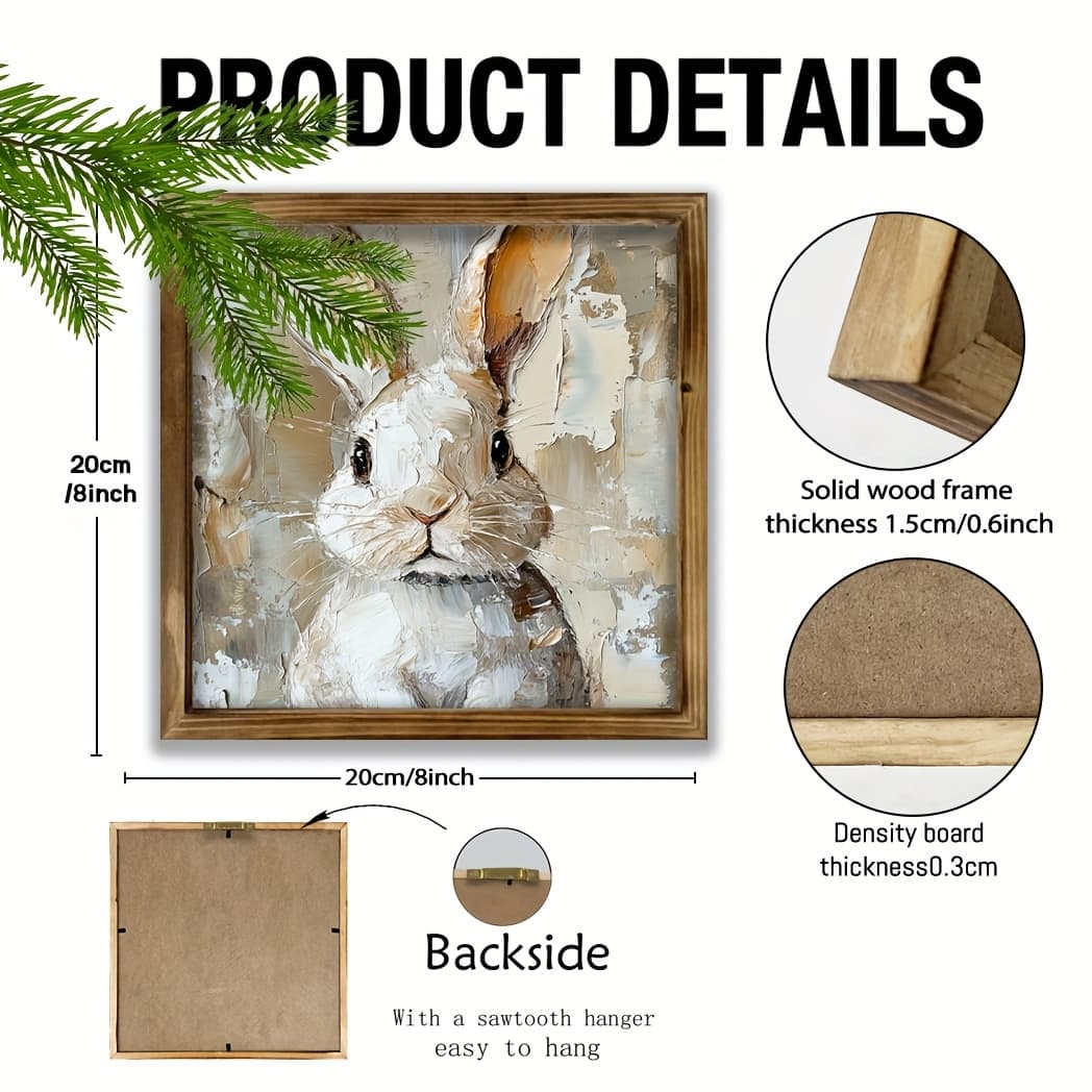 TEMU 1pc Rustic Wooden Framed Bunny Wall Art, 8x8 Inch Vintage Rabbit Print - Multipurpose Farmhouse Decor For Home, Cafe, Bathroom, Laundry - Ideal For Easter, 's Day, Ramadan,