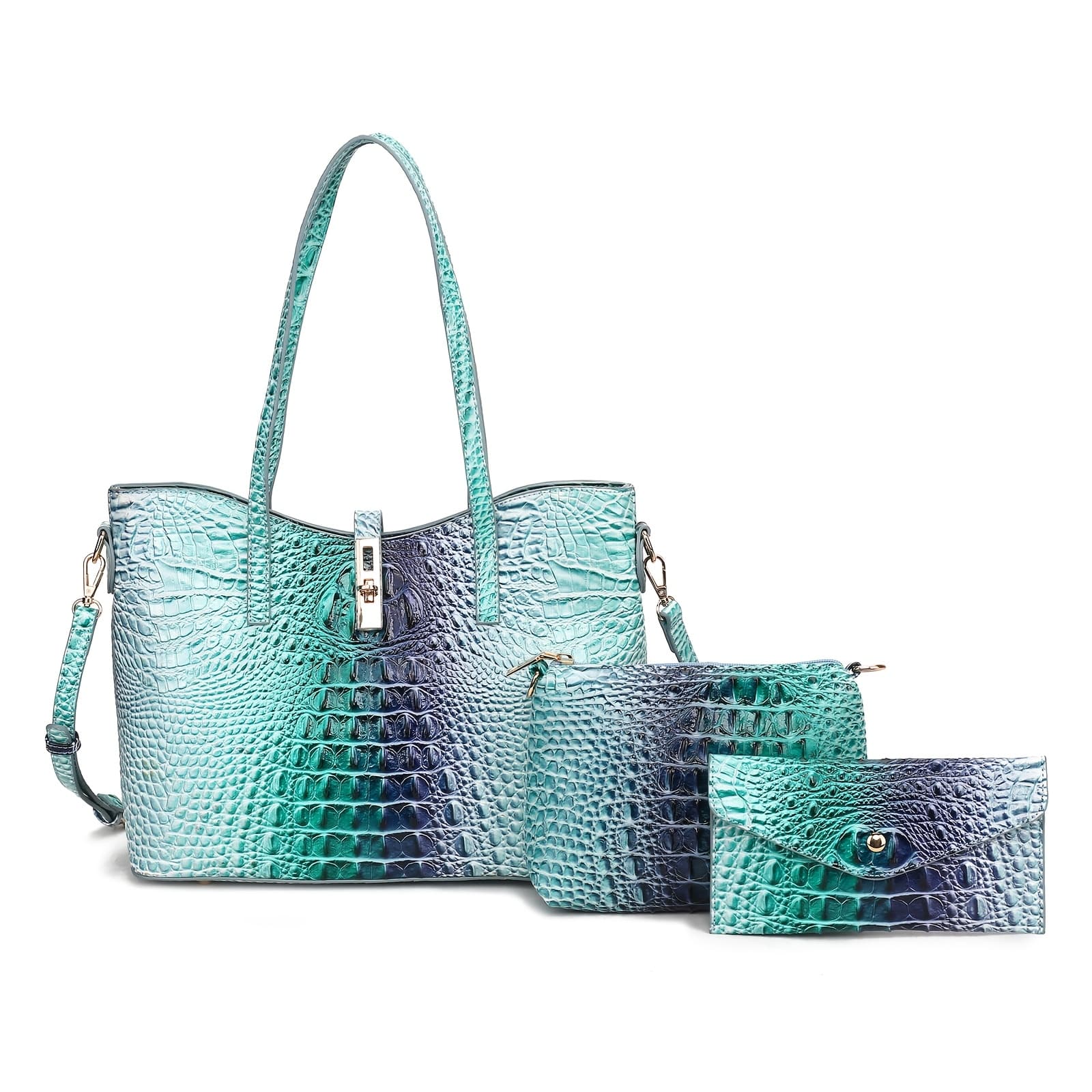 TEMU Set Of 3: Vibrant Crocodile Design Spacious Faux Leather Tote And Crossbody Bags Along With A Coordinating Wallet, Perfect For Christmas, , And Halloween Presents