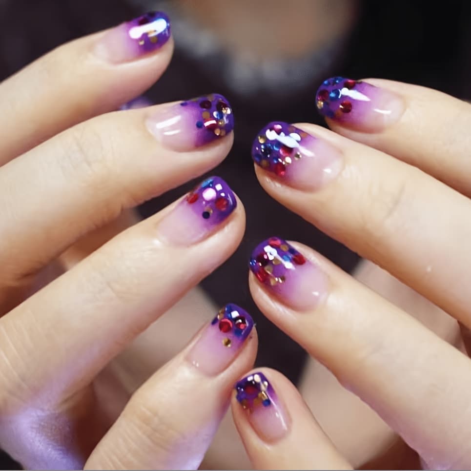 TEMU 24pcs Grape Purple Ombre Glitter Press-on Nails Short Square Artificial Nail Tips Nail Stickers Removable Reusable And File