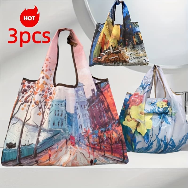 TEMU 3pcs Large Capacity Oil Painting Style Tote Bag - Portable, Lightweight, Unisex Shopping Crossbody Bag, Perfect For Shopping, Traveling, And Daily Use.